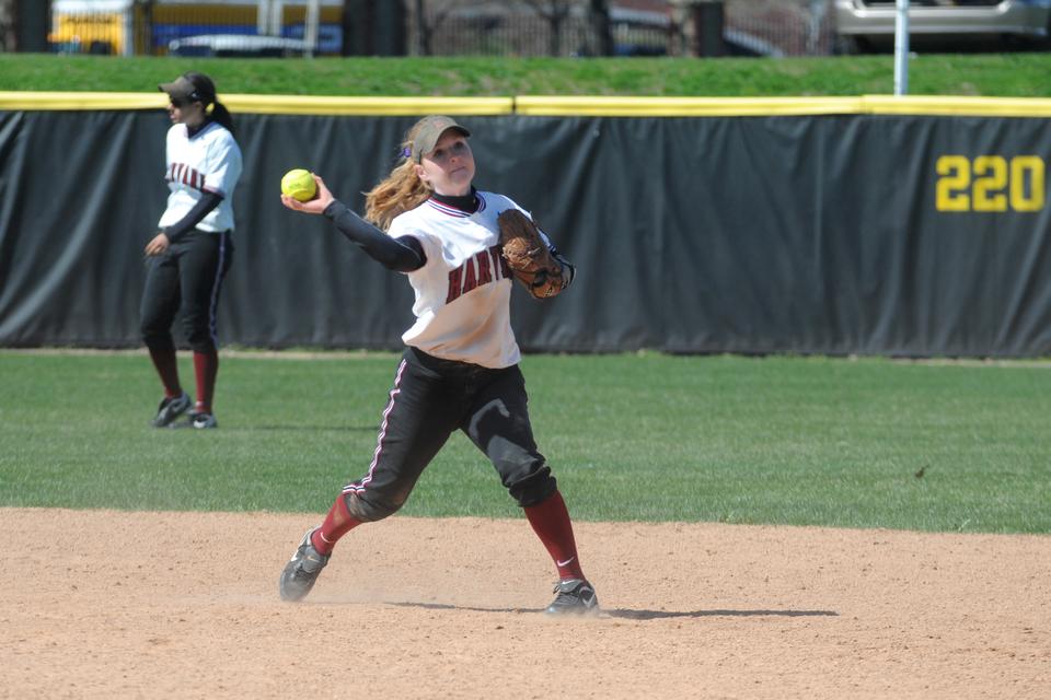 Co-captain Ellen Macadam, shown here in earlier action, went 2-for-3 in the second game of Harvard’s doubleheader against the Bryant Bulldogs, but the game was called due to darkness in the fifth inning. The second baseman leads the Crimson with a .429 batting average on the season.
