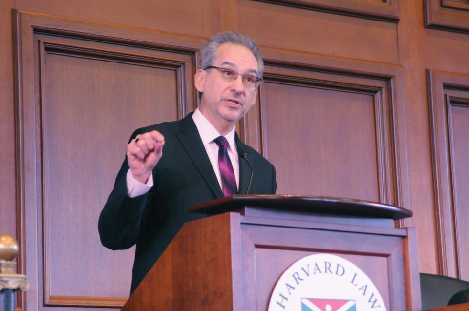 Panelist Randy Barnett, Carmack Waterhouse professor of legal theory at Georgetown University, discusses if President Obama’s health care reform is constitutional in front of an audience in Harvard Law School’s Austin Courtroom.