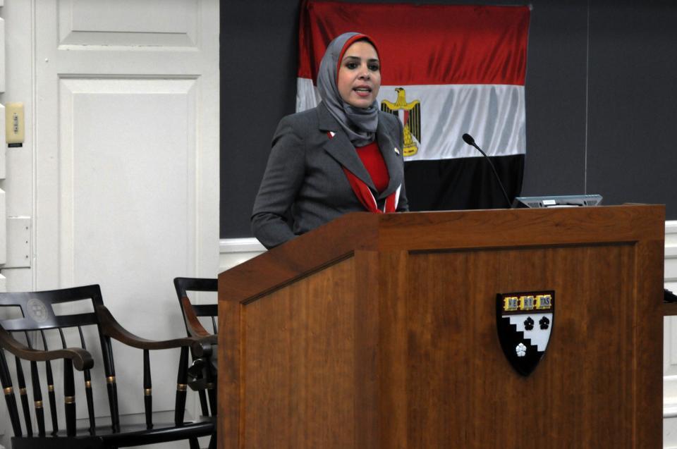 Sahar El-Nadi, an eyewitness of the Egyptian Revolution, talks about Tahrir Square creativity as a tool for mass education and social transformation yesterday evening at the Harvard Graduate School of Education.