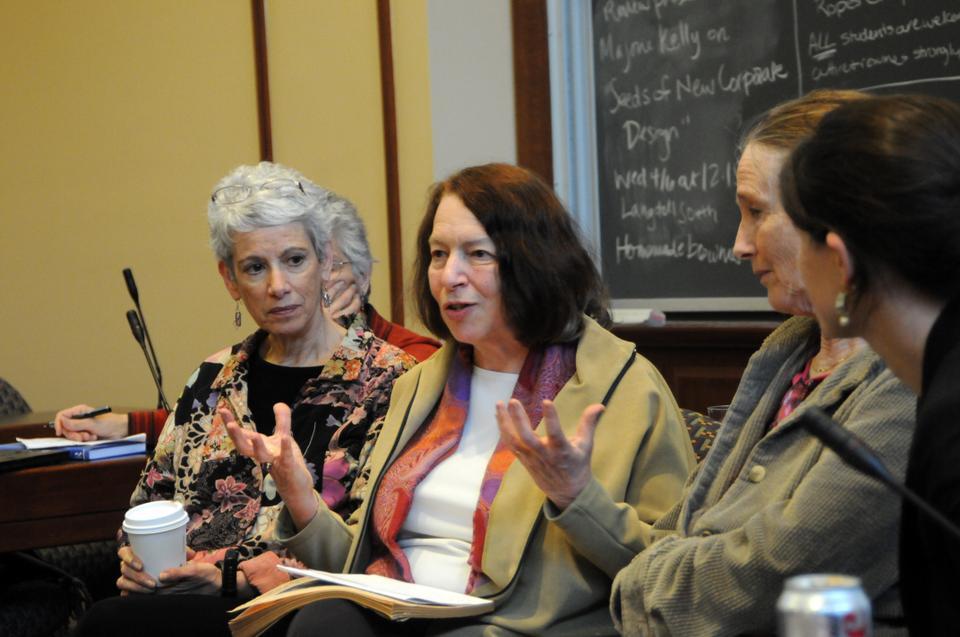 The authors of Our Bodies Ourselves--Joan Ditzion, Judy Norsigian, Miriam Hawley, Wendy Sanford and Paula Doress-Worters--speak at the Harvard Law School to celebrate the 40th Anniversary of their feminist health text.