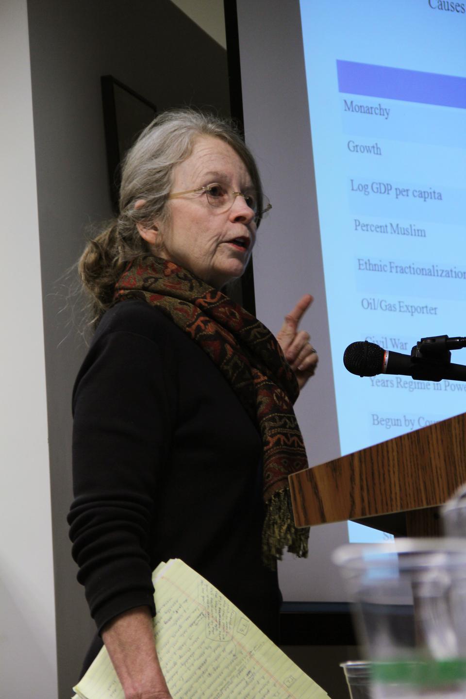 University of California Los Angeles Professor of Public Policy Barbara Geddes speaks yesterday about the nature of military dictatorships and coups for the Ash Center for Democratic Governance and Innovation’s Democracy Seminar Series.
