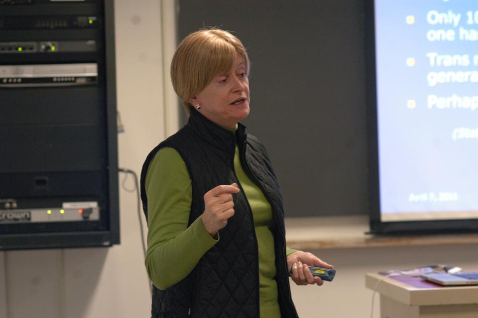 Joanne Herman, a transgender spokesperson and author of "Transgender Explained For Those Who Are Not," speaks at Trans 102 held Emerson 305 Thursday night.  Trans 102 is an in-depth multimedia presentation on trans terms and issues.