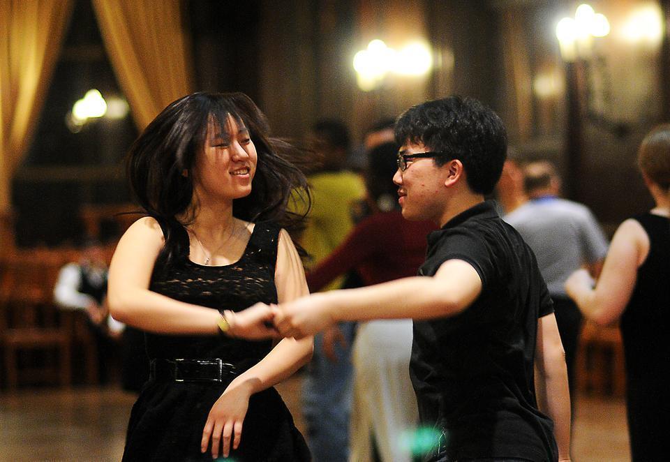 The Harvard Ballroom Dance Team presents "Just Dance" for students in their social classes and members of the Harvard community. Violet Li '14 and William Chen '14 enjoy the event's swing dancing lesson.