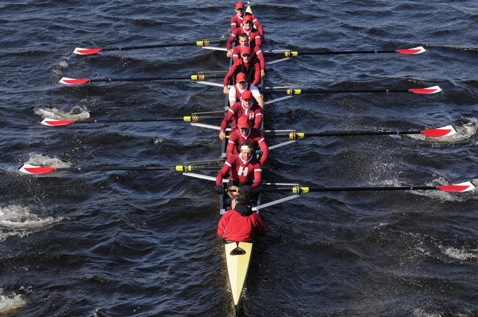 Shown here in an earlier race, the Harvard heavyweights swept rival Brown in five events on the Charles this weekend, taking back the Stein Cup and avenging its only varsity dual loss of last season. The lightweight crews found similar success against Georgetown and Penn, dropping only two races.