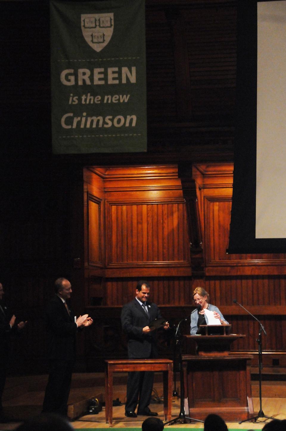 Professor William Clark receives the Spengler-Vautin Special Achievement Award at the Green Carpet Awards ceremony held at Sander’s Theatre yesterday.