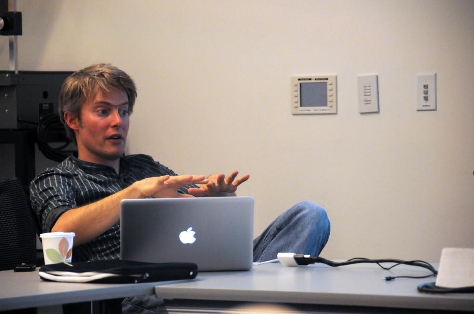 Vincent Lépinay, assistant professor in the Science, Technology, and Society program at MIT, gives a talk entitled The Fight for the Souls of Inside Traders at CGIS South yesterday.