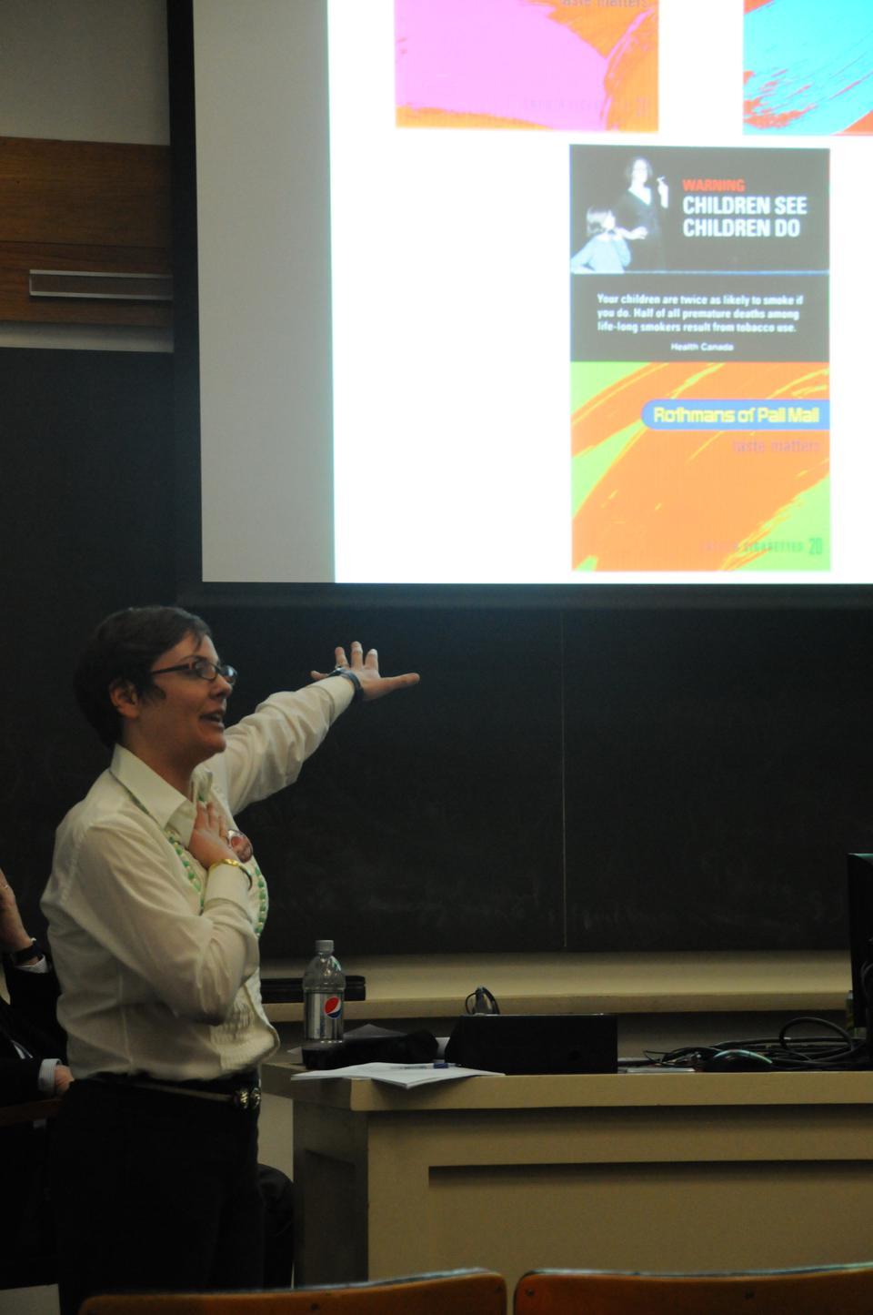 Gigi Kellett, a representative from Corporate Accountability International, presents at yesterday's Tobacco Control panel in Emerson Hall. The event was hosted by the Harvard Undergraduate Global Health Forum.