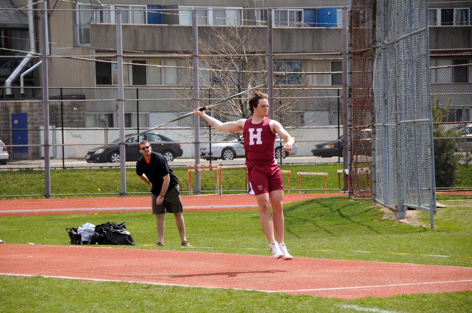Junior Nick Farnsworth, shown here in earlier action threw a personal best of 64.65 meters in the javelin against Rice last weekend. Farnsworth currently holds the record for Harvard’s third-best javelin throw of all-time. 