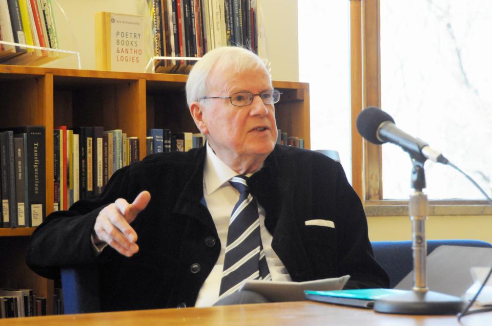 Former chairman of the Nobel Prize in Literature and current Nobel committee member Kjell Espmark discusses the Nobel process in the Woodberry Poetry Room Thursday afternoon.