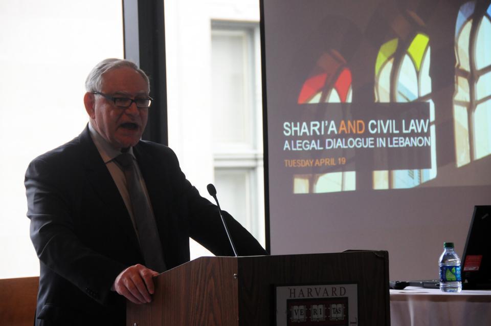 Dr. Ibrahim Najjar, the former Justice Minister of Lebanon and Professor of Law at St. Joseph University in Beirut, speaks about Shariah and civil law in Lebanon to students at Harvard Law School yesterday. 