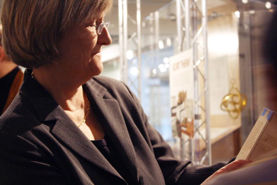 Harvard's President Drew Gilpin Faust takes a tour through the "Tangible Things" exhibit in the Science Center.  The collection of two-hundred artifacts, a product of the class, "Tangible Things: Harvard Collections in World History" will be on display until May 29.