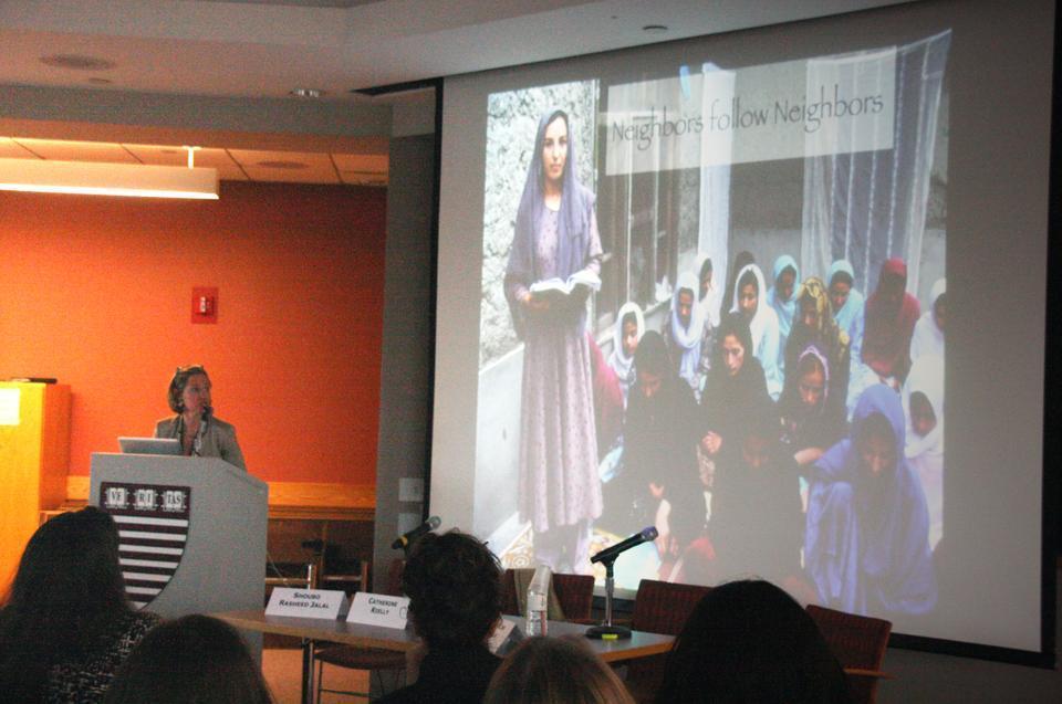 Catherine Rielly explains the mission of Rubia in Afghanistan: to educate women and empower them to earn an income through embroidery, a traditional craft, in order to become active members of their families and communities.