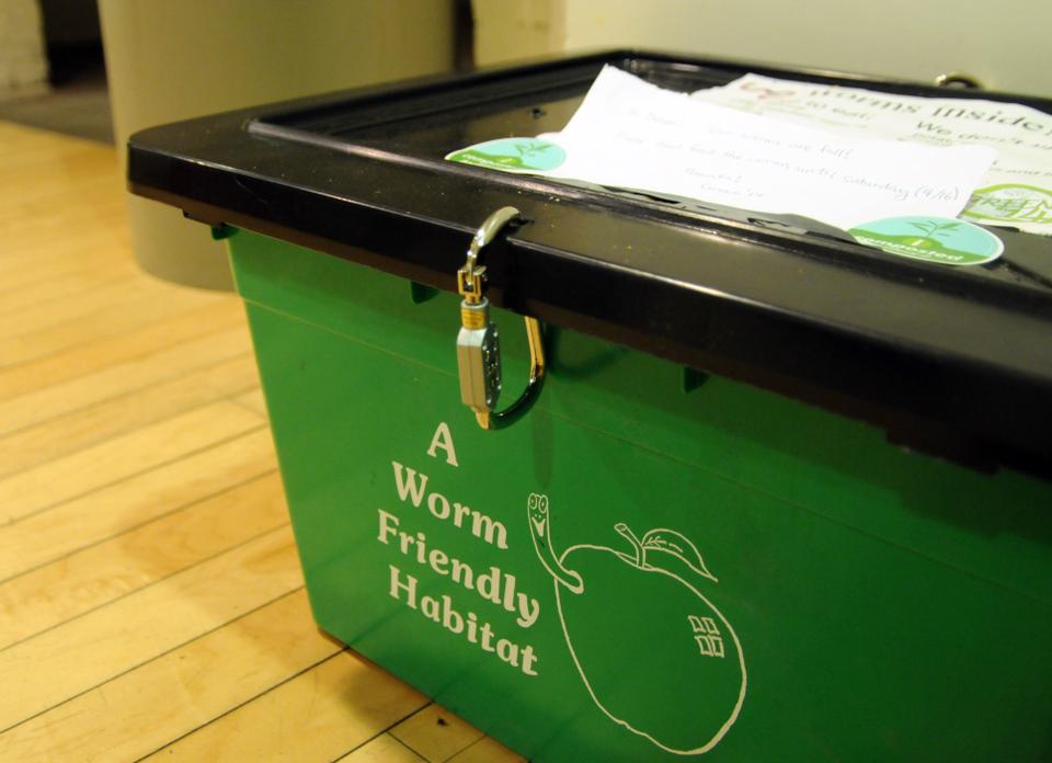 Thayer Hall houses this box of worms as a part of Bookworms Feed Real Worms, a project funded by the Student Sustainability Grant through the Office of Sustainability. This project aims to creatively reduce waste by involving Thayer residents in composting via vermiculture. Once the food is composted it will be used to enrich the soil in Harvard Garden.