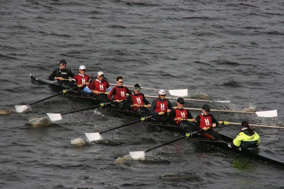 Shown here in earlier action, the No. 2 Harvard lightweight crew held its own against Navy on the Charles this weekend, as the Crimson’s first varsity eight took home the Haines Cup for the third year running. The No. 3 heavyweight crew won each of its five races as well.