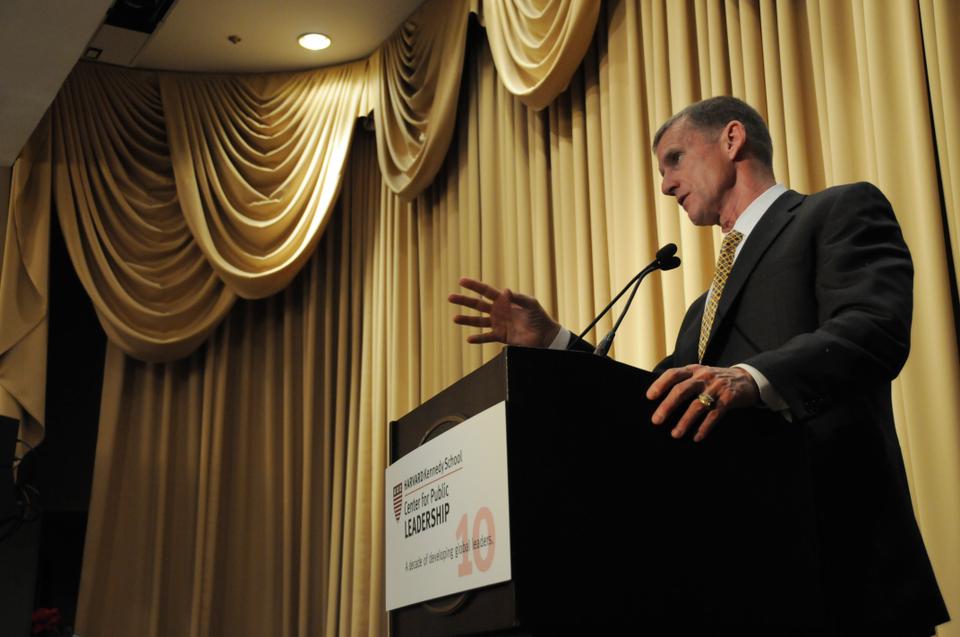 Retired General Stanley A. McChrystal delivers the keynote speech at Honoring Those Who Have Served, an event honoring Harvard's veterans at the Sheraton Commander Hotel yesterday. The event was organized by the Harvard Center for Public Leadership. David T. Ellwood, Dean of Harvard Kennedy School and David R. Gergen, Director of the Center for Public Leadership also delivered remarks. 