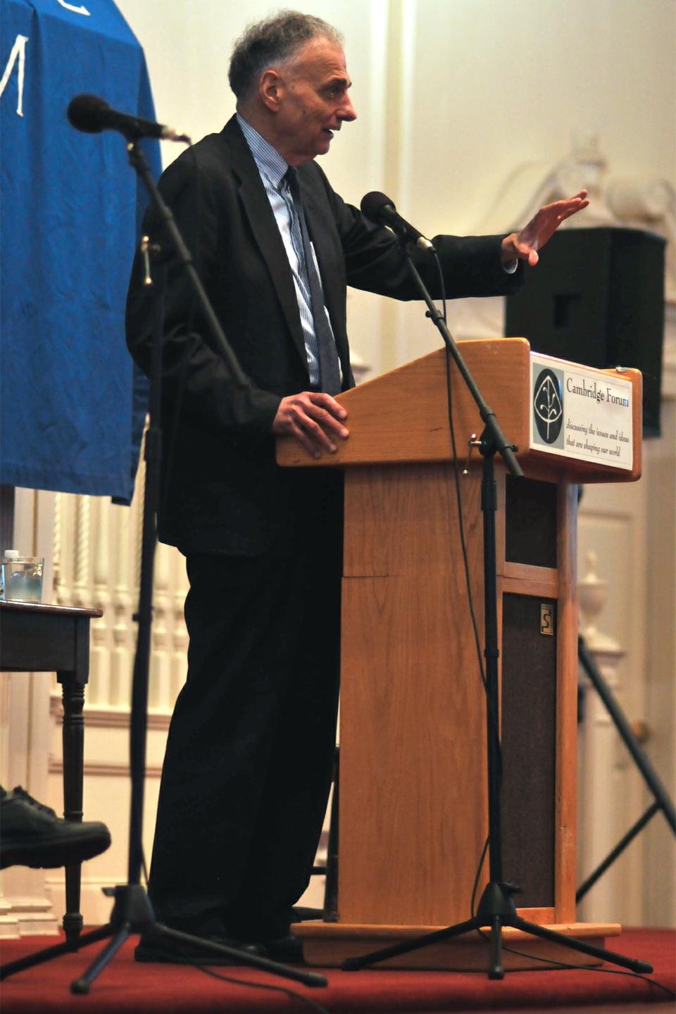 Ralph Nader discusses his latest book Only the Super Rich Can Save Us! yesterday at the First Parish in Cambridge.