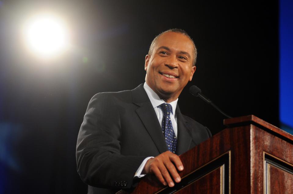 Massachusetts Governor Democrat Deval L. Patrick ’78 spoke to a packed ballroom at the Boston Park Plaza Hotel following his re-election on Nov. 2, 2010. 