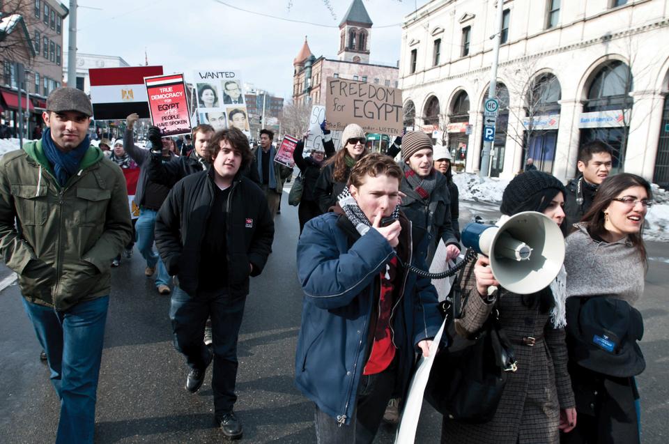 Chants and protest songs could be heard throughout Cambridge on Jan. 28 2011 as protesters marched bearing signs calling for freedom and democracy in Egypt.
