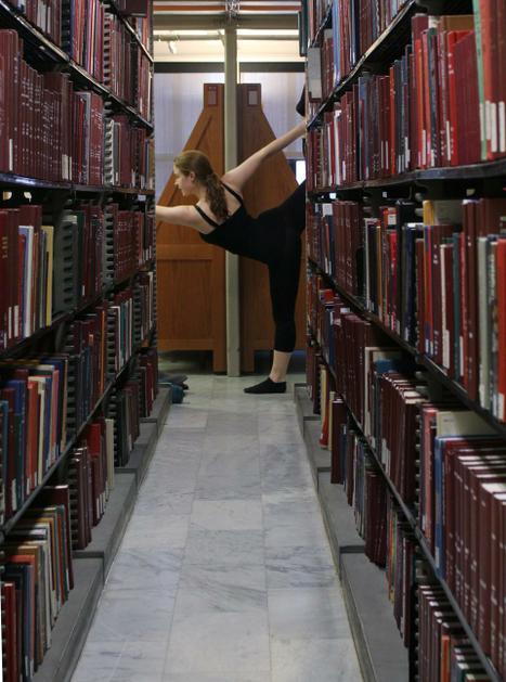 Emily Breslow ‘13 take HMS Professor Sat Bir Singh Khalsa’s advice and does yoga before studying.