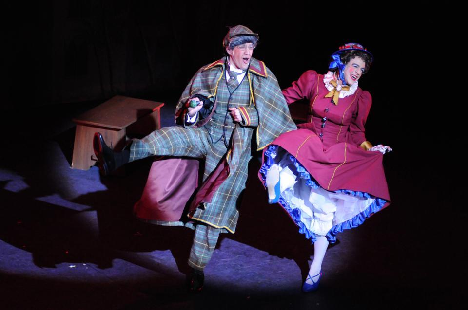 Cherry Poppins and Watson Yourmind celebrate after Cherry finally gets her childhood crush Watson to rescue her from a lifetime of solitude during the Hasty Pudding Theatricals show. 