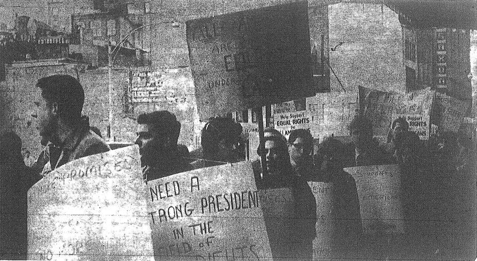Students demonstrate to show their solidarity with the movement to desegregate movie theaters. 