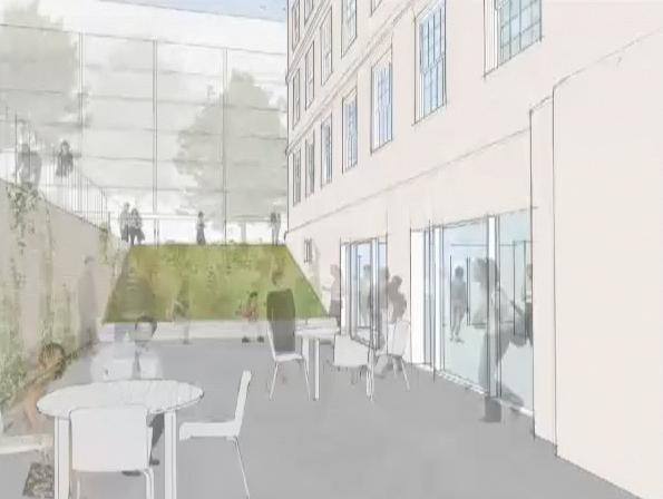 An outdoor terrace facing Quincy dining hall will be attached to a multipurpose common room, giving students an additional outdoor space. 