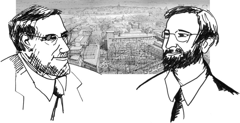 An illustration representing the changing future of Harvard relations with Allston that come with changes in leadership.