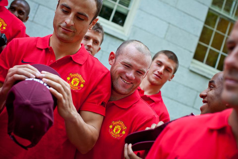 Wayne Rooney, a striker for Manchseter United, visits Harvard Yard.