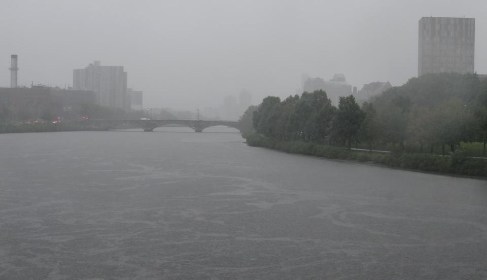 Looking south over the Charles River from Weeks Memorial Bridge on Saturday afternoon as Hurricane Irene approaches.