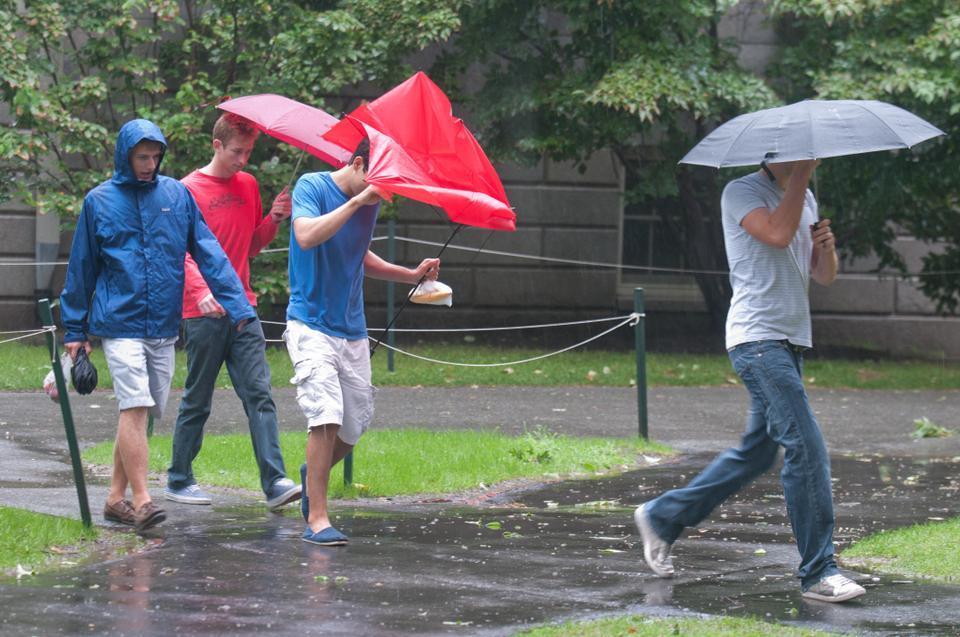 Students travel through the Yard outside Widener library after the heart of the storm passed.