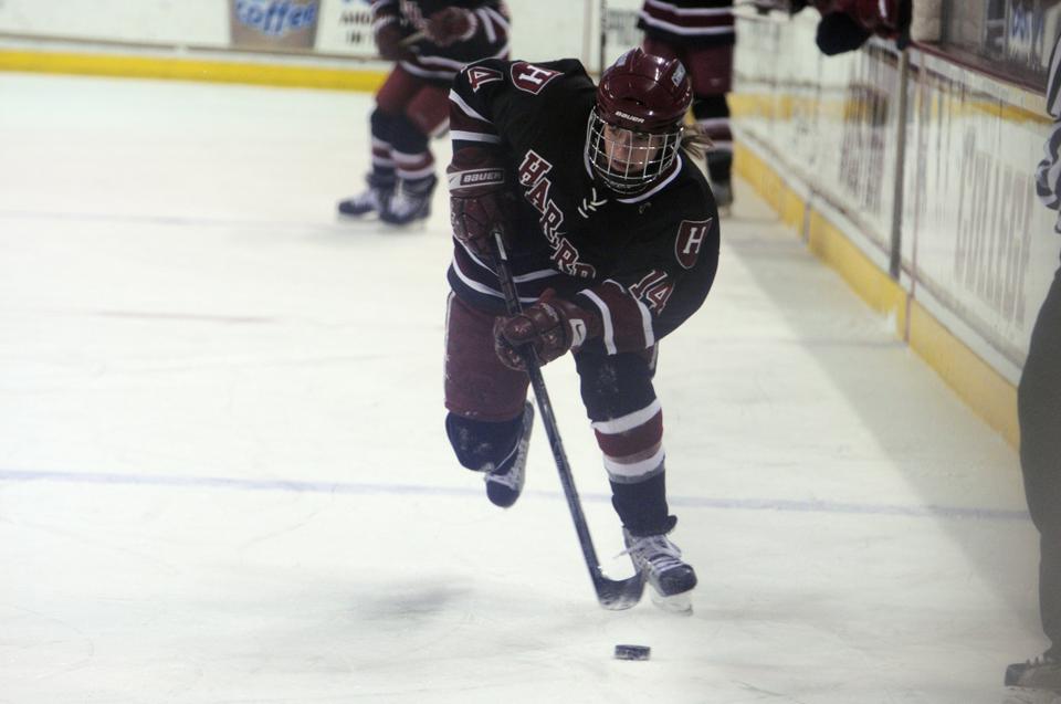 Harvard junior Jillian Dempsey, shown above in earlier action, joined classmate Josephine Pucci, head coach Katey Stone, and former Crimson skater Julie Chu ’06-’07 in Finland for the 12 Nations Tournament.