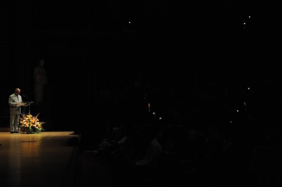 Homi K. Bhabha, director of the Mahindra Humanities Center, gives his opening remarks for “The Art of Survival,” an observation of the 10th anniversary of  9/11 through music, reading, and dance held in Sanders Theatre yesterday. 			