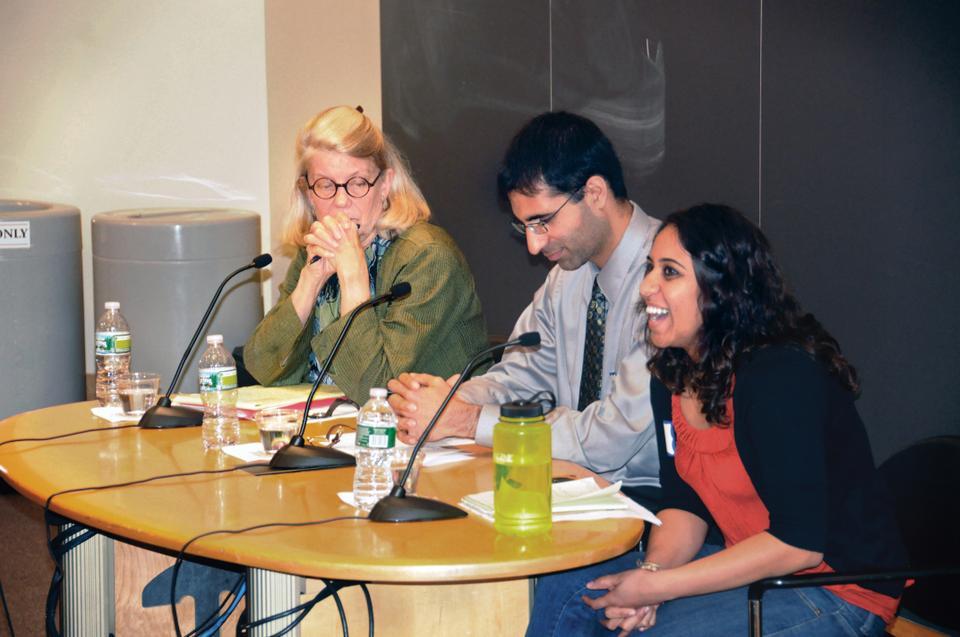 Reshma Lutfeali, Daryush Mehta, and Diana L. Eck speak on a panel at "Interfaith Conversations" on the 10th anniversary of 9/11.