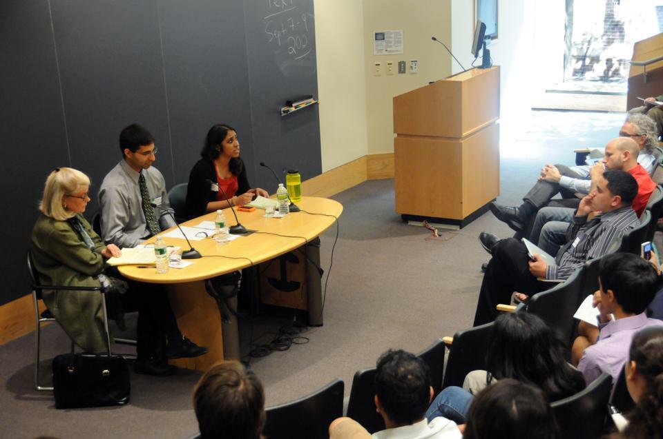 Reshma Lutfeali, Daryush Mehta, and Diana L. Eck speak on a panel at "Interfaith Conversations" on the 10th anniversary of 9/11.