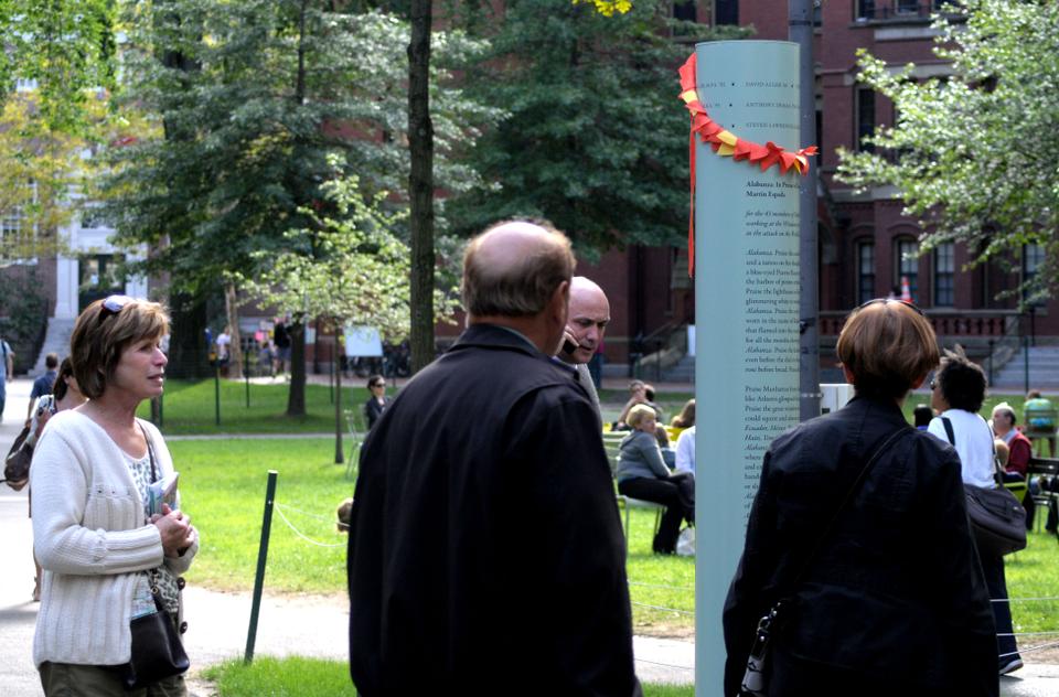 Four columns in Harvard’s old and new yards stand in memorium of Harvard affiliates lost in the September attacks.