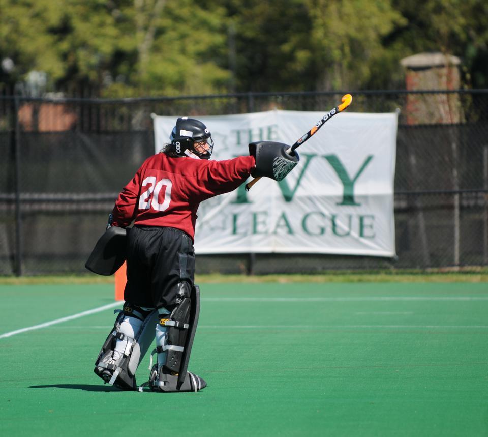 Shown here in earlier action, junior Cynthia Tassopoulos nabbed 13 saves for the Crimson in its 3-0 loss to UMass Saturday afternoon. Named to the All-Ivy second team last season, the standout goalkeeper now has 26 saves on the year for a 2-1 Harvard squad that will return to action on Saturday.