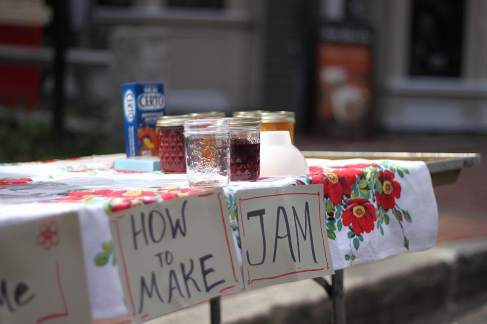 A booth offers lessons on jam-making at the Third Annual Urban-Ag Fair. The event, held Sunday afternoon in Harvard Square, showcased locally-grown foods and encouraged visitors to try urban agriculture.