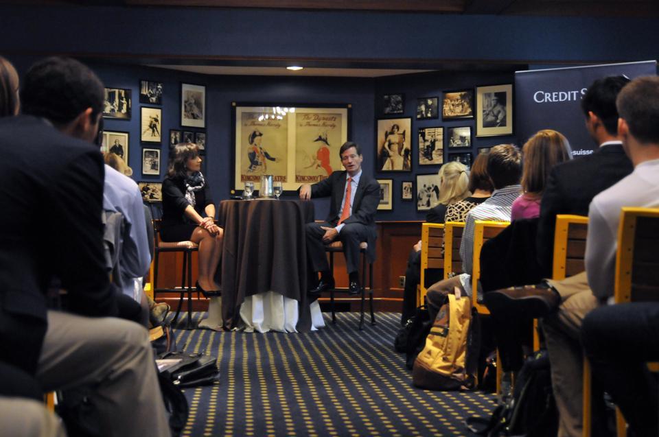 Bradley Dougan, CEO of Credit Suisse, discusses his career, his company, and the future of the banking industry with students at the Harvard Faculty Club.