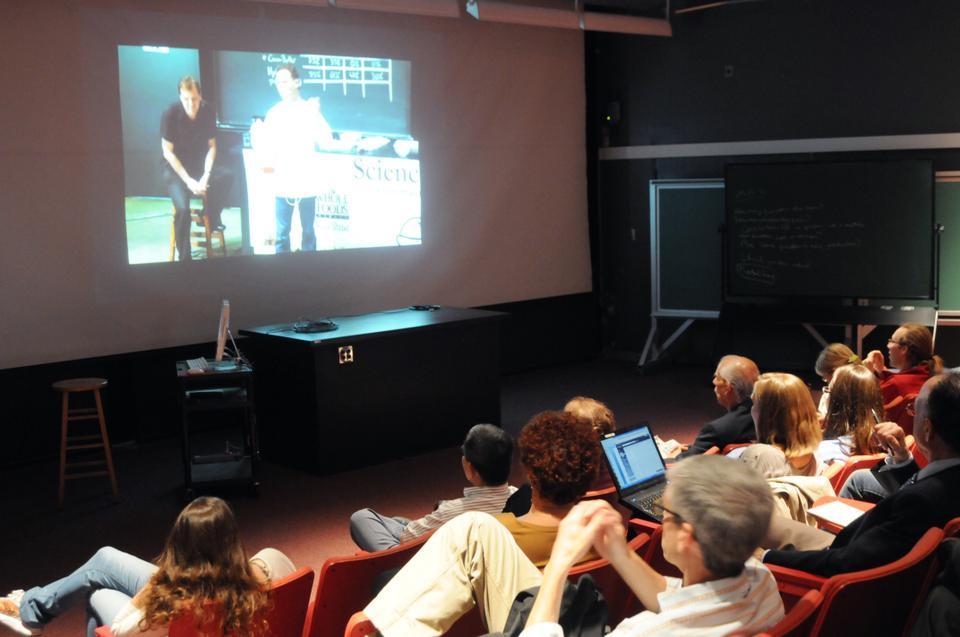 Due to Science and Cooking’s immense popularity, even the overflow auditorium is filled as students watch a lecture on chocolate, presented by chocolate master Ramon Morato.