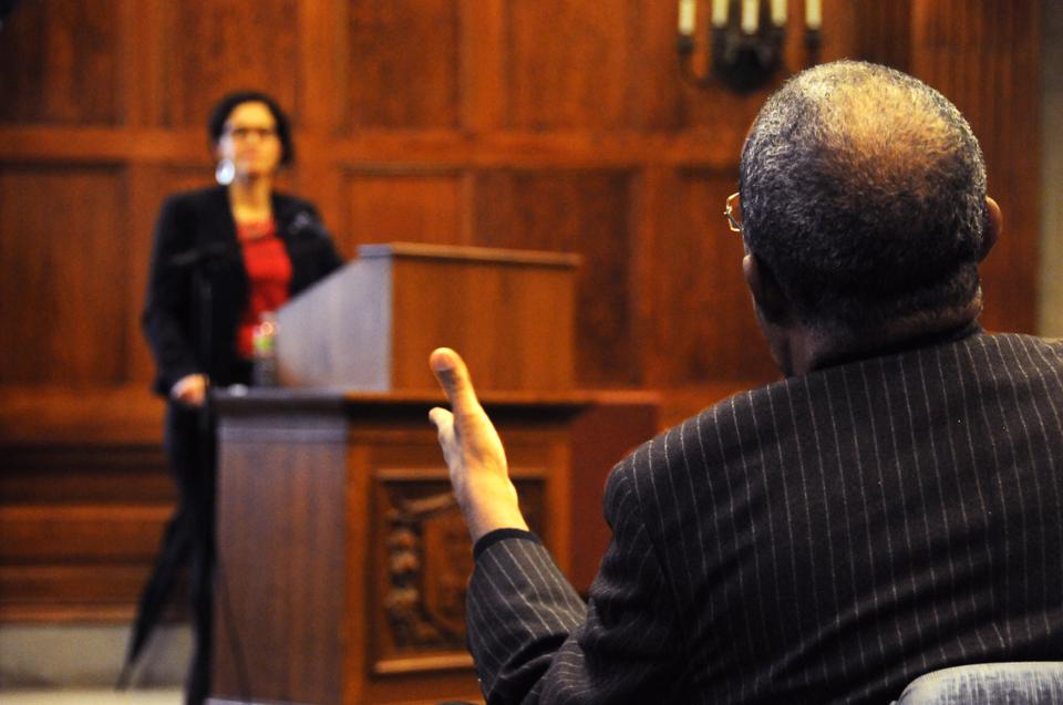 Professor Ada Ferrer of New York University fields audience questions following her talk titled “Haiti, Anti-Slavery, and Blackness in the Atlantic Age of Revolution” in the Barker Center’s Thompson Room yesterday evening.