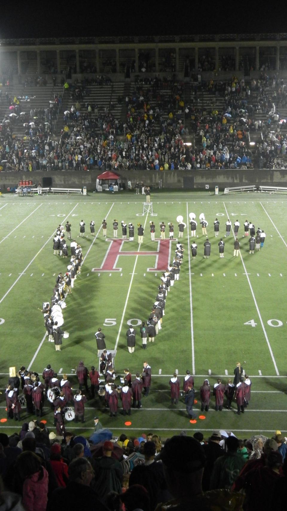 The Brown band used an unusual formation during halftime of the Harvard-Brown game. 