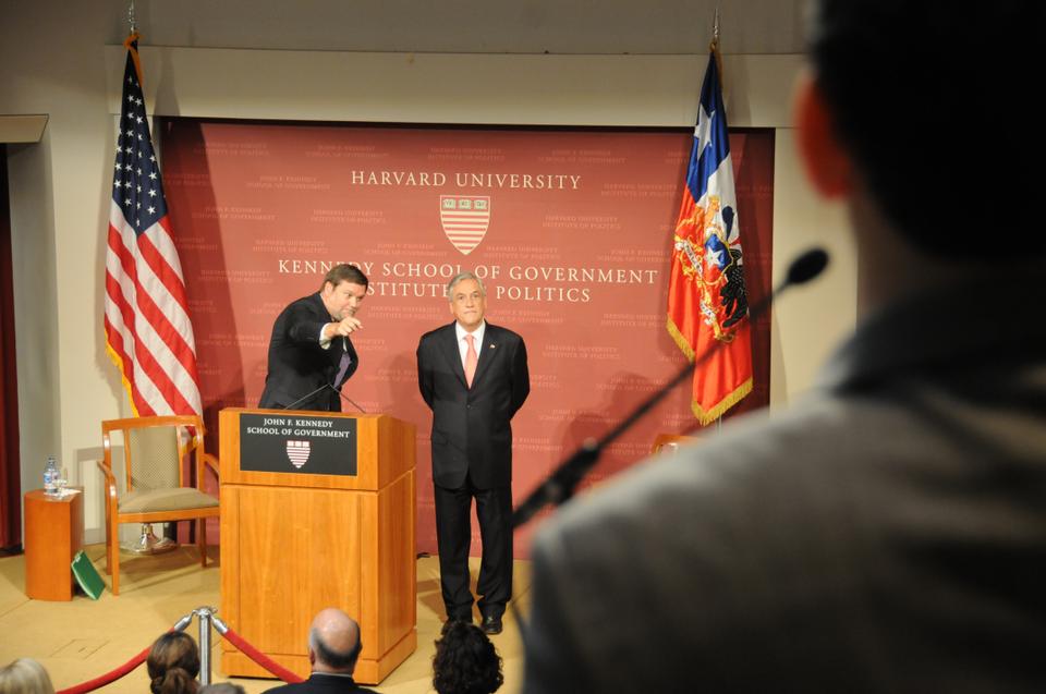 Chilean President H.E. Sebastián Piñera awaits the question of Francisco Maneses, a Chilean graduate student at Harvard.  President Piñera is a graduate of Harvard himself, having received a M.A. and Ph.D. in Economics.  