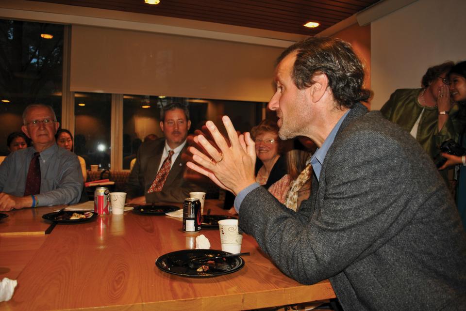 Newell Flather shares his experiences as a Peace Corps volunteer at the Harvard Peace Corps Discussion Panel at the Kennedy School of Government yesterday afternoon.