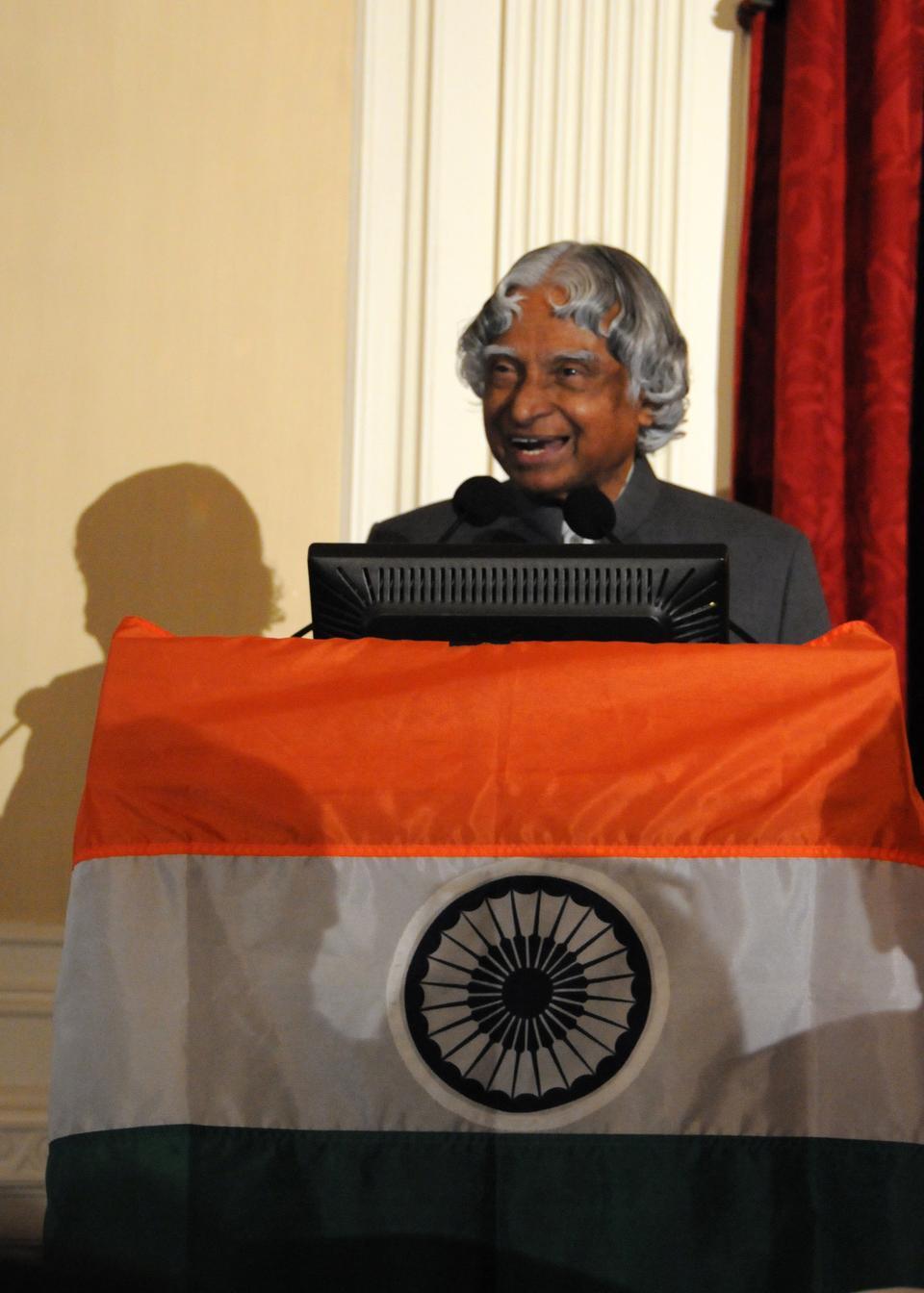The 11th President of India, A. P. J. Abdul Kalam, speaks about goals that nations of the world should achieve by 2030, including economic development and creative leadership at Loeb House yesterday.