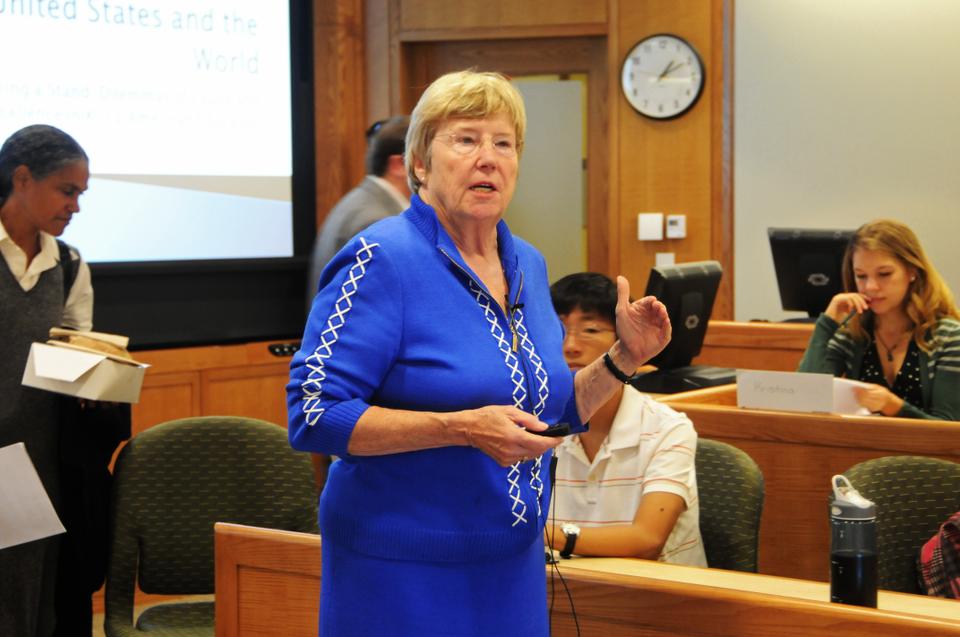 Prof. Katherine K. Merseth interactively lectures on rural education before a video conference with Colorado Sen. Mike Johnston during her US in the World 35 class on Monday.