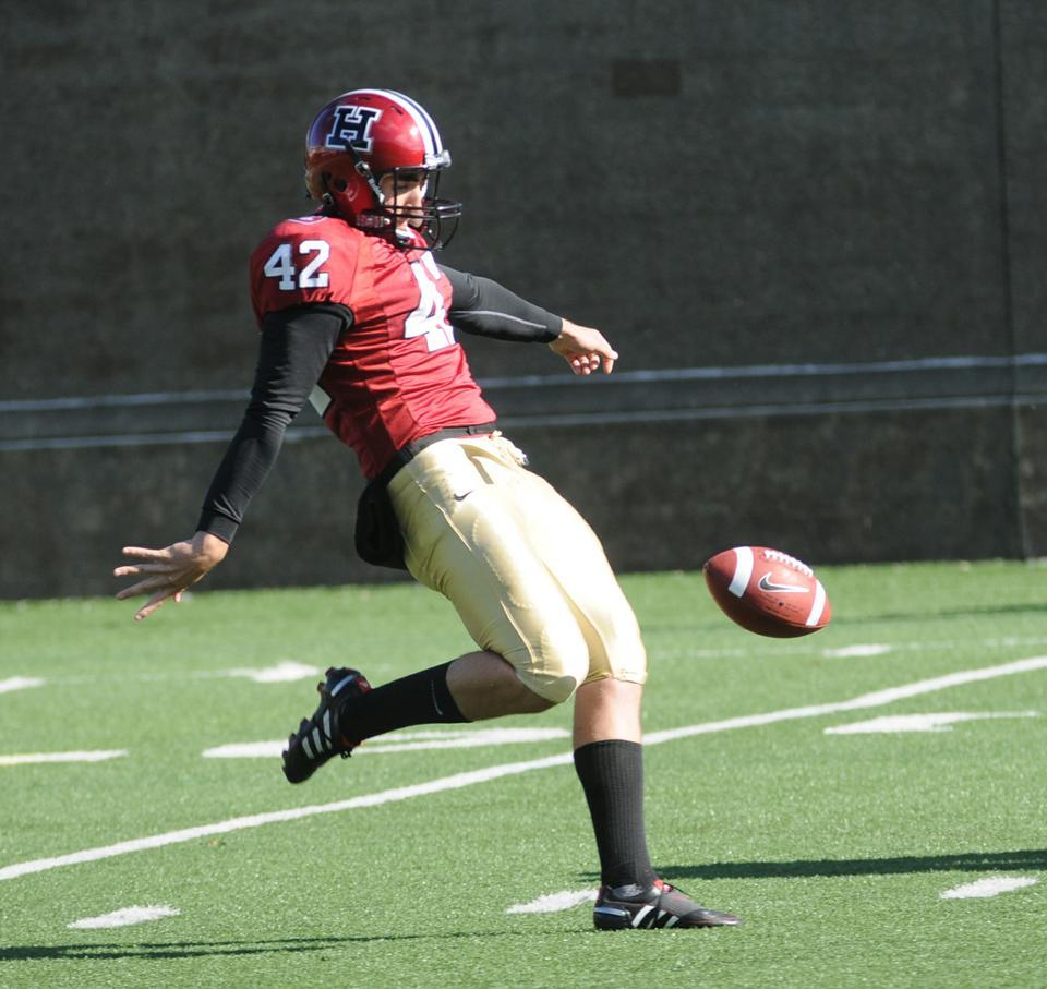 Junior punter Jacob Dombrowski, pictured above, has been a consistent performer for the Crimson this season, averaging 42.1 yards per punt on the year. Last weekend, the former soccer star kicked a season-high 58 yarder. 