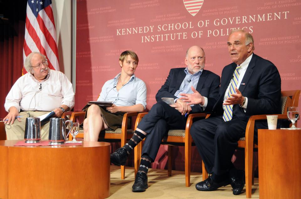 Former governor of Pennsylvania Ed Rendell, right, joins Todd Gitlin '63, Chair of Columbia's PhD Communications PhD department, and Vanessa Williamson, a PhD candidate in Government and Social Policy, for a panel discussion about the Occupy Wall Street movement at the JFK Jr. Forum yesterday. Marshall Ganz, a senior lecturer at the Kennedy School, moderated the discussion. 
