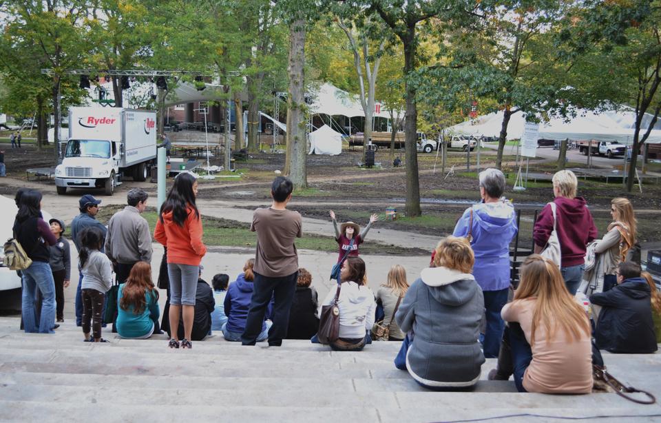 After Harvard’s 375th anniversary, Tercentenary Theatre is reduced to a mud field. While deconstruction begins around the yard, normal activity such as the Hahvahd Tours continue.