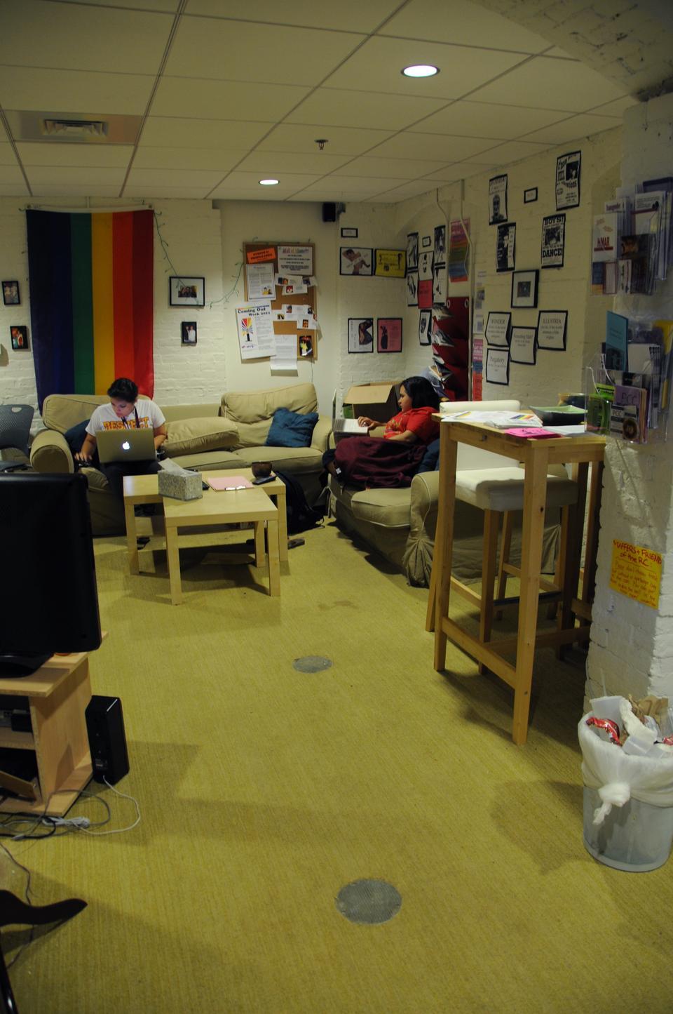 Students relax in the Queer Resource Center in the basement of Thayer Hall. 