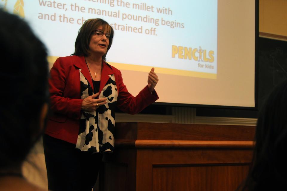 Robin Mednick, shown speaking to students in Harvard Hall, created Pencils for Kids, a not-for-profit grassroots organization that serves the educational needs of the community of Libore, Niger. 